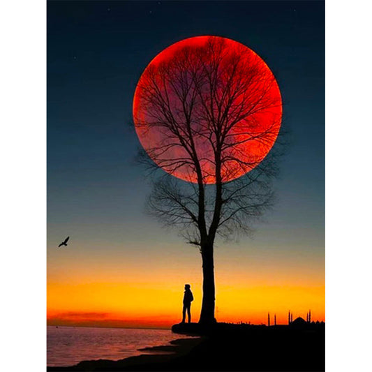 Silhouette Under The Moon Tree - Full Round Drill Diamond Painting 40*50CM