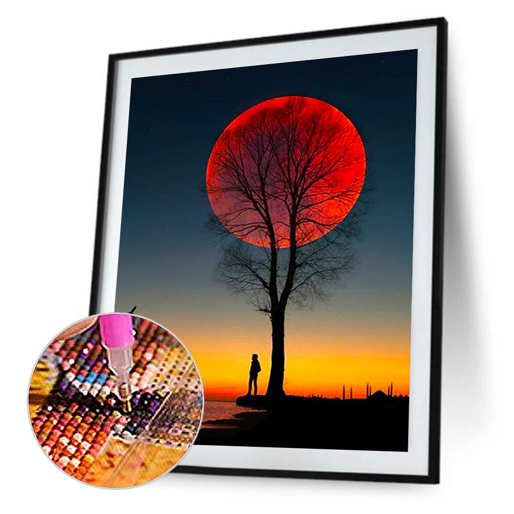 Silhouette Under The Moon Tree - Full Round Drill Diamond Painting 40*50CM