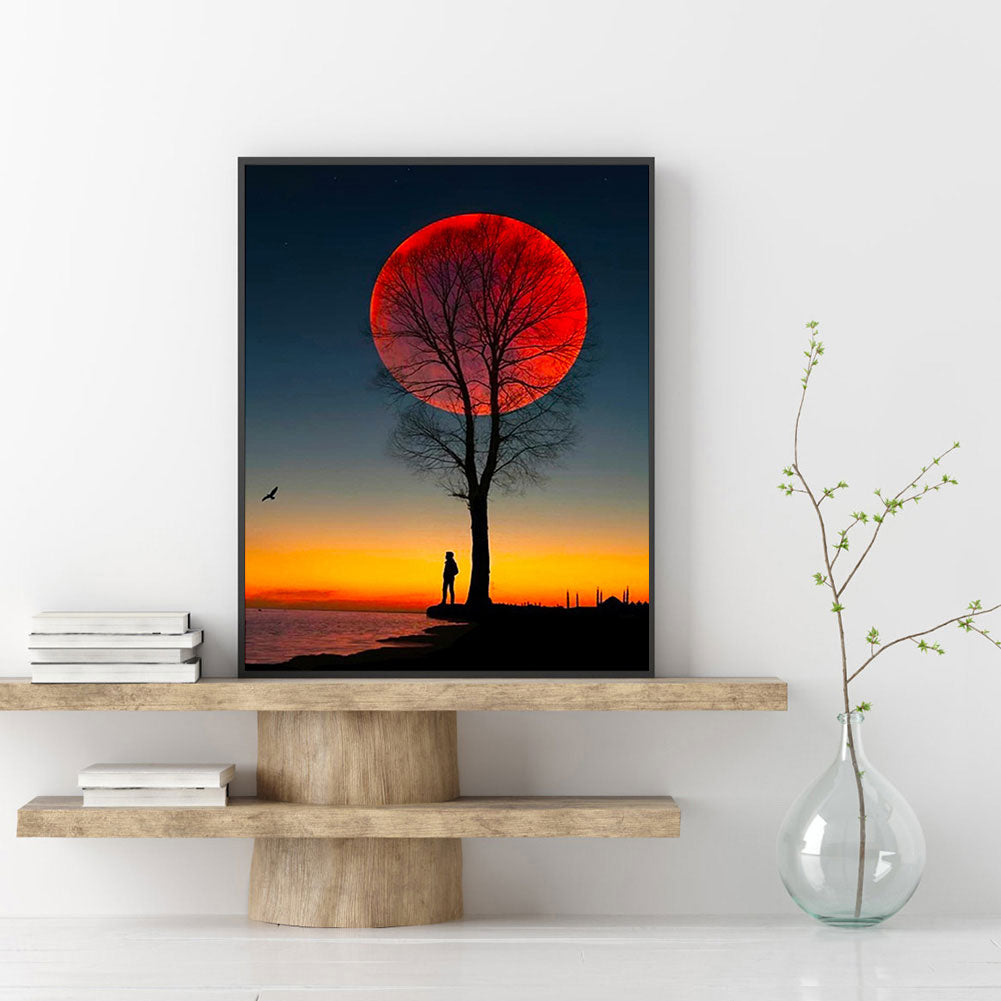 Silhouette Under The Moon Tree - Full Round Drill Diamond Painting 40*50CM