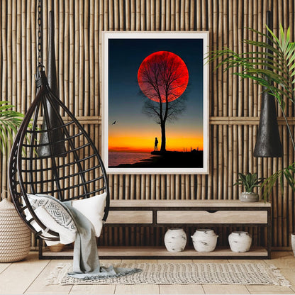 Silhouette Under The Moon Tree - Full Round Drill Diamond Painting 40*50CM