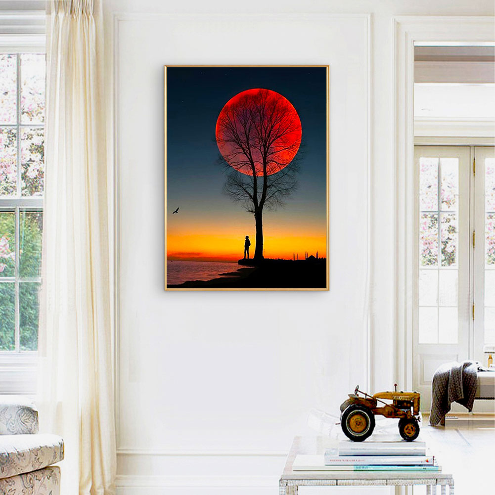 Silhouette Under The Moon Tree - Full Round Drill Diamond Painting 40*50CM