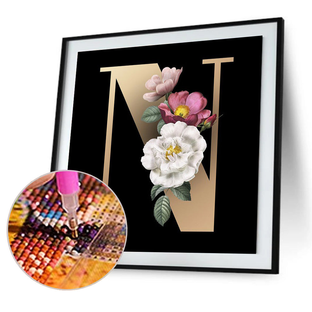 Dark Flower Letter N - Full Round Drill Diamond Painting 40*40CM