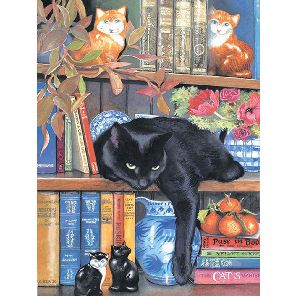 Cat On Bookshelf - 11CT Stamped Cross Stitch 40*50CM