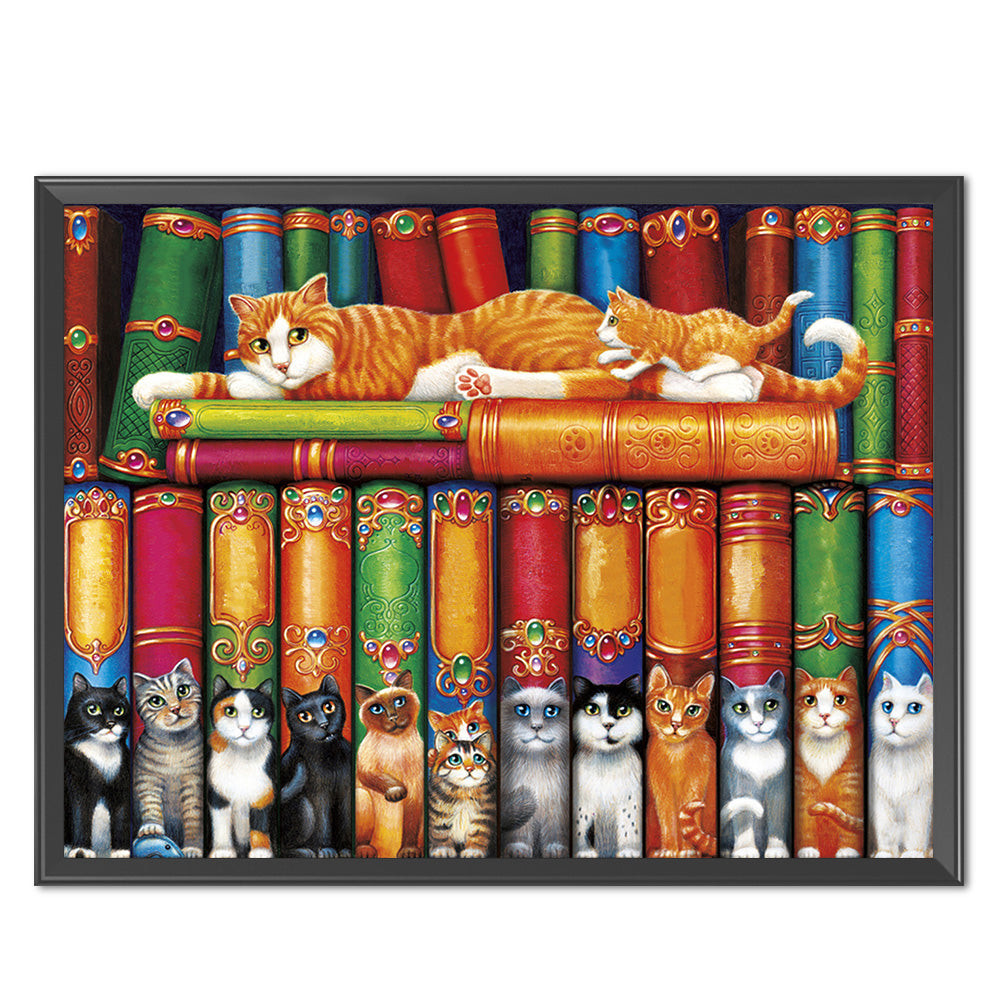 Cat On Bookshelf - 11CT Stamped Cross Stitch 50*40CM