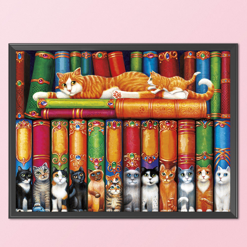 Cat On Bookshelf - 11CT Stamped Cross Stitch 50*40CM