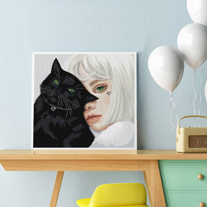 Black Cat And Girl - 11CT Stamped Cross Stitch 50*50CM