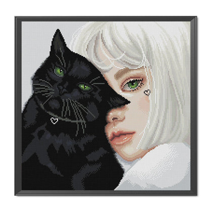 Black Cat And Girl - 11CT Stamped Cross Stitch 50*50CM