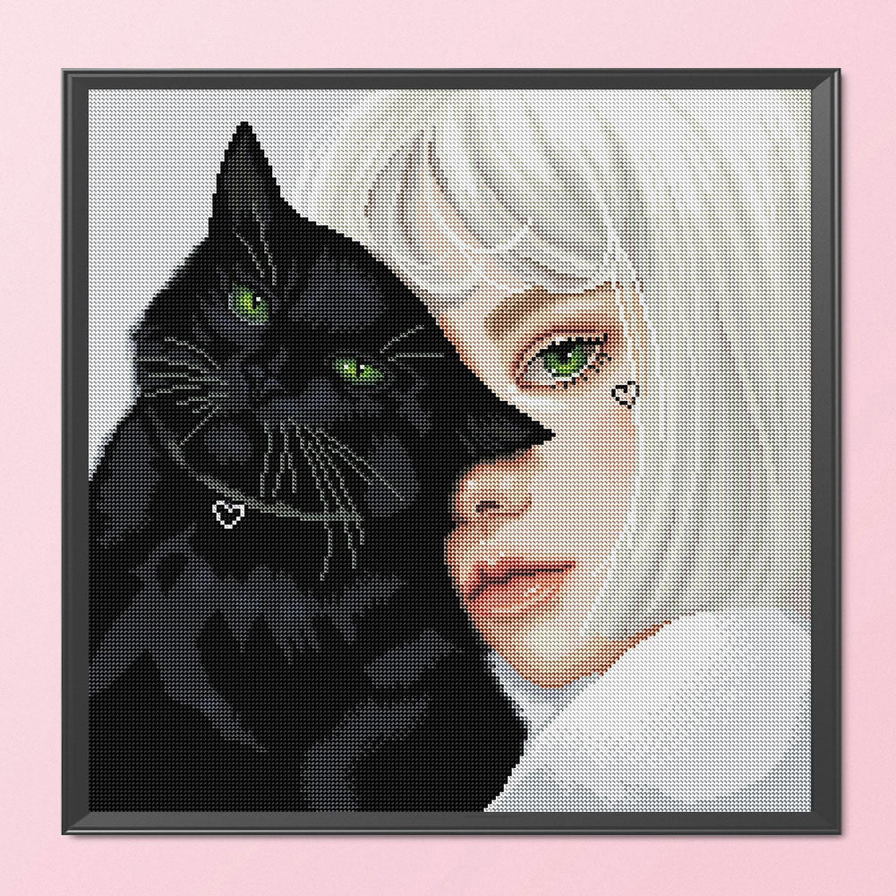 Black Cat And Girl - 11CT Stamped Cross Stitch 50*50CM