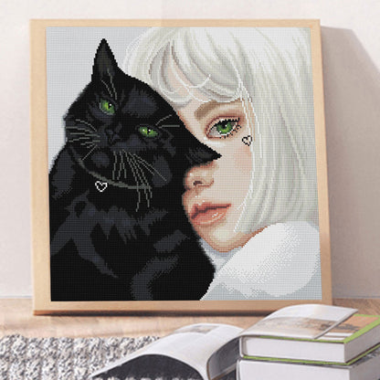 Black Cat And Girl - 11CT Stamped Cross Stitch 50*50CM