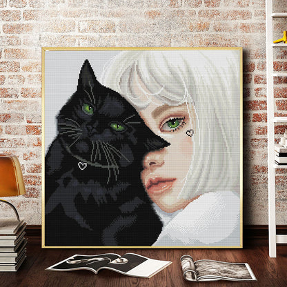 Black Cat And Girl - 11CT Stamped Cross Stitch 50*50CM