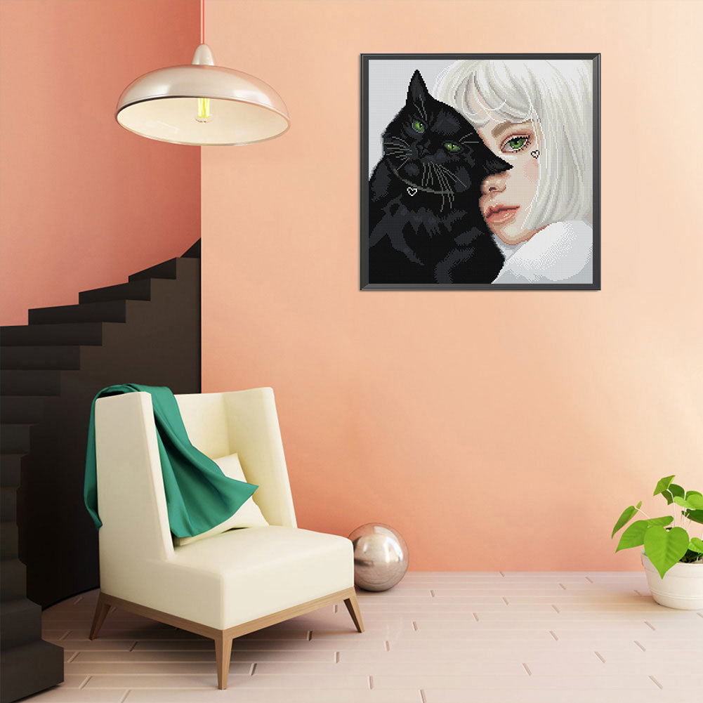 Black Cat And Girl - 11CT Stamped Cross Stitch 50*50CM