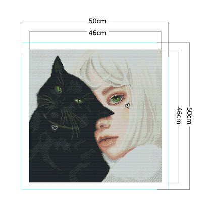 Black Cat And Girl - 11CT Stamped Cross Stitch 50*50CM