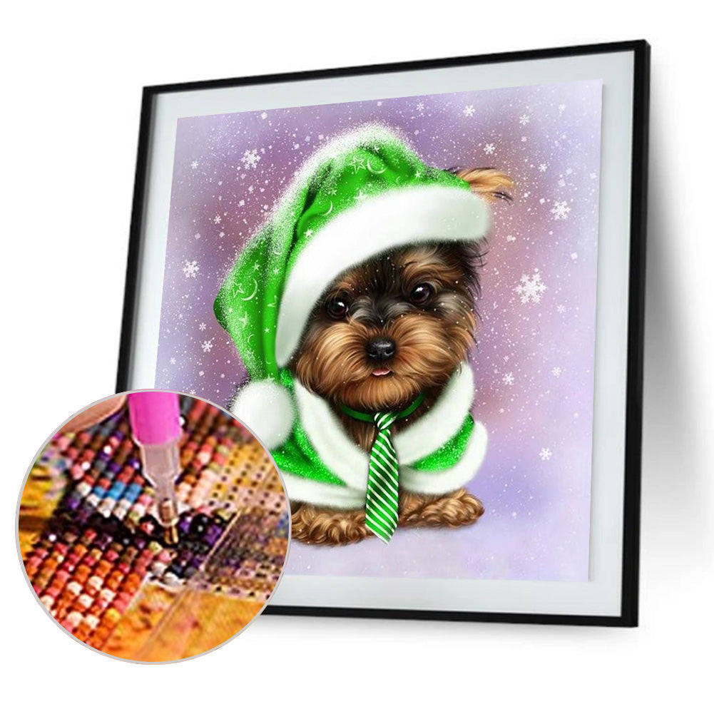 Green Hat Puppy 30*30CM(Canvas) Full Round Drill Diamond Painting