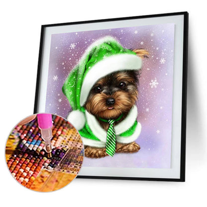 Green Hat Puppy 30*30CM(Canvas) Full Round Drill Diamond Painting