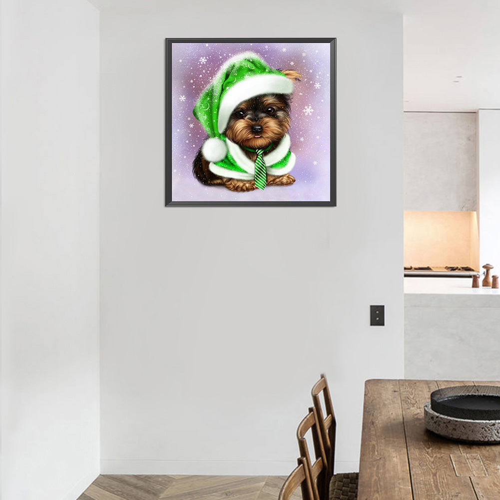 Green Hat Puppy 30*30CM(Canvas) Full Round Drill Diamond Painting