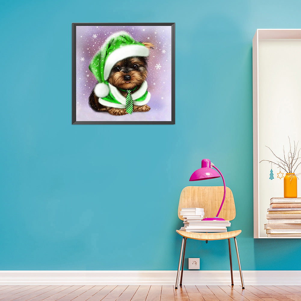 Green Hat Puppy 30*30CM(Canvas) Full Round Drill Diamond Painting