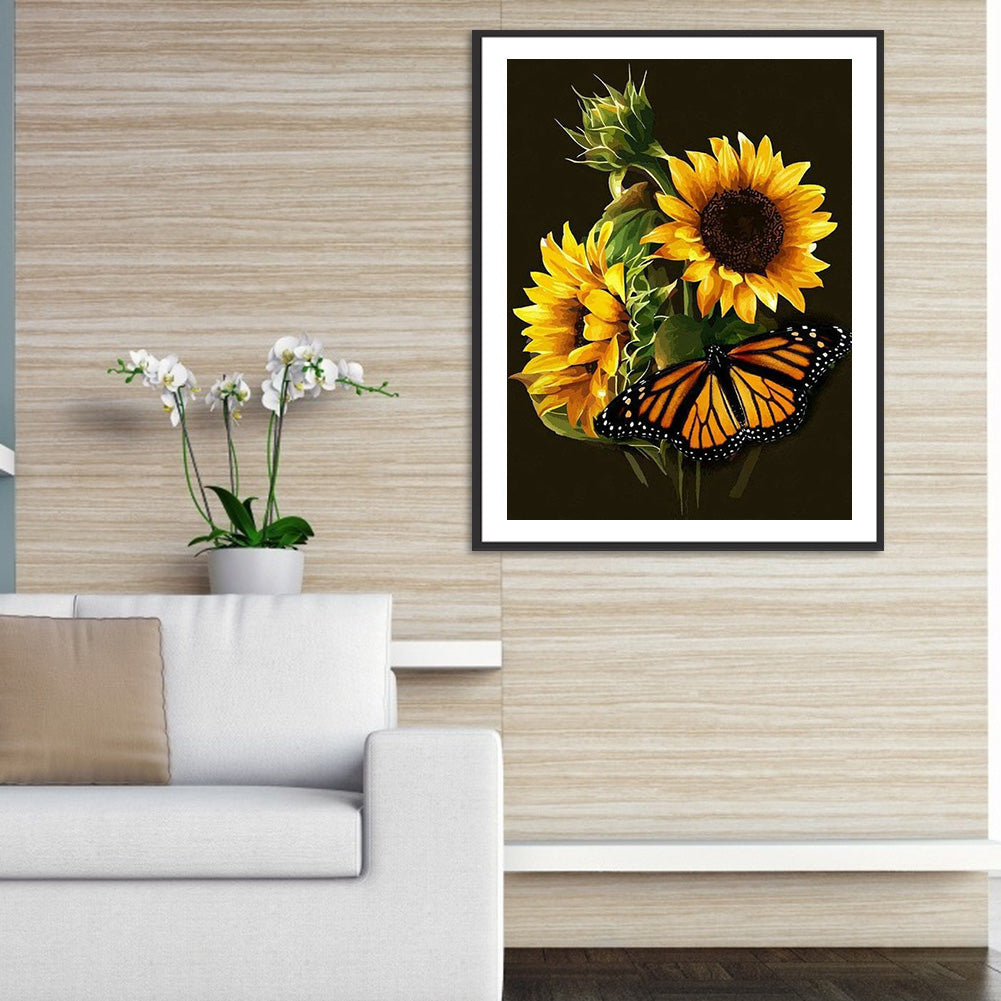 Butterfly Sunflower 30*40CM(Canvas) Full Round Drill Diamond Painting