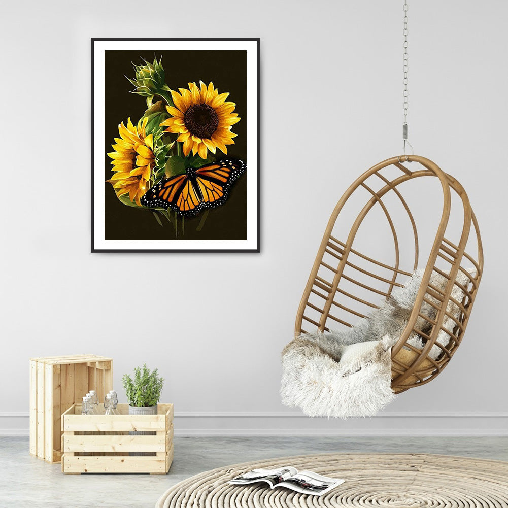 Butterfly Sunflower 30*40CM(Canvas) Full Round Drill Diamond Painting