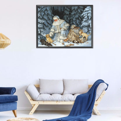 Old Man And Small Animals In Snow 50*40CM(Canvas) Full Round Drill Diamond Painting