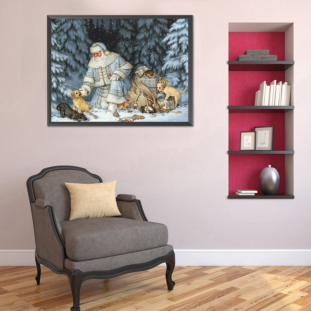 Old Man And Small Animals In Snow 50*40CM(Canvas) Full Round Drill Diamond Painting