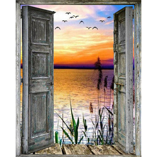 Wooden Door With Sea View 50*60CM(Canvas) Full Round Drill Diamond Painting