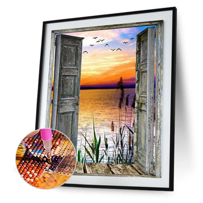 Wooden Door With Sea View 50*60CM(Canvas) Full Round Drill Diamond Painting
