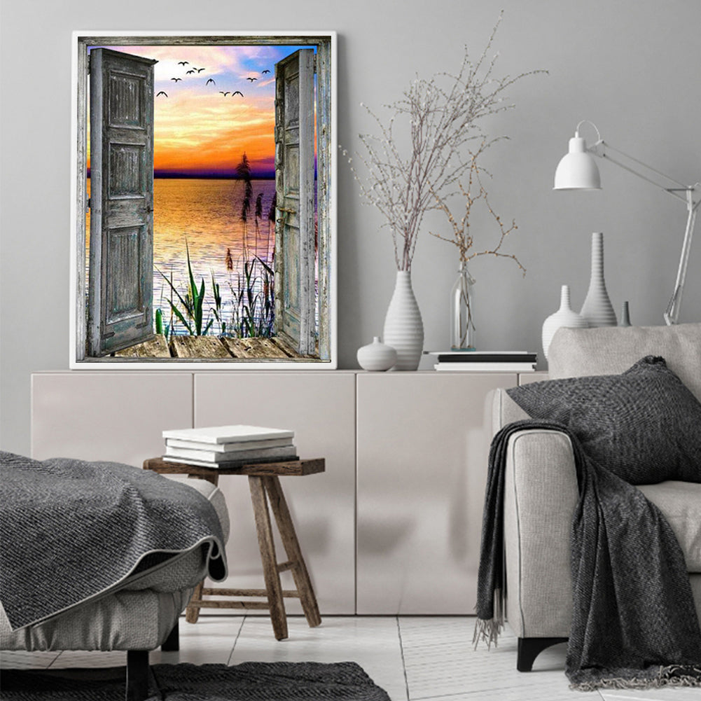 Wooden Door With Sea View 50*60CM(Canvas) Full Round Drill Diamond Painting