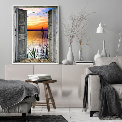 Wooden Door With Sea View 50*60CM(Canvas) Full Round Drill Diamond Painting