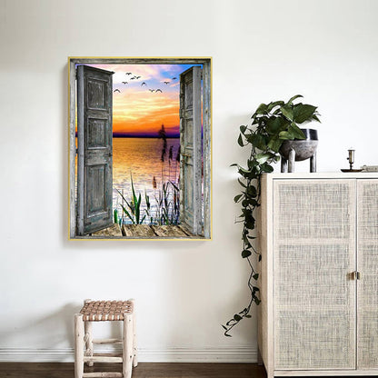 Wooden Door With Sea View 50*60CM(Canvas) Full Round Drill Diamond Painting
