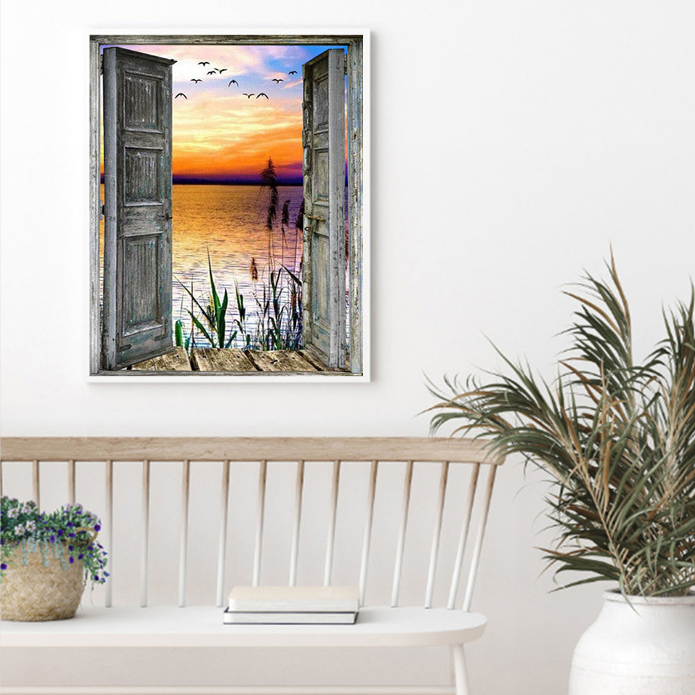 Wooden Door With Sea View 50*60CM(Canvas) Full Round Drill Diamond Painting