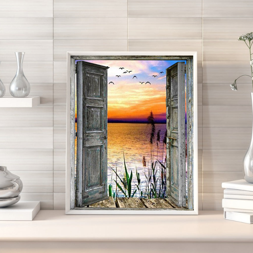 Wooden Door With Sea View 50*60CM(Canvas) Full Round Drill Diamond Painting