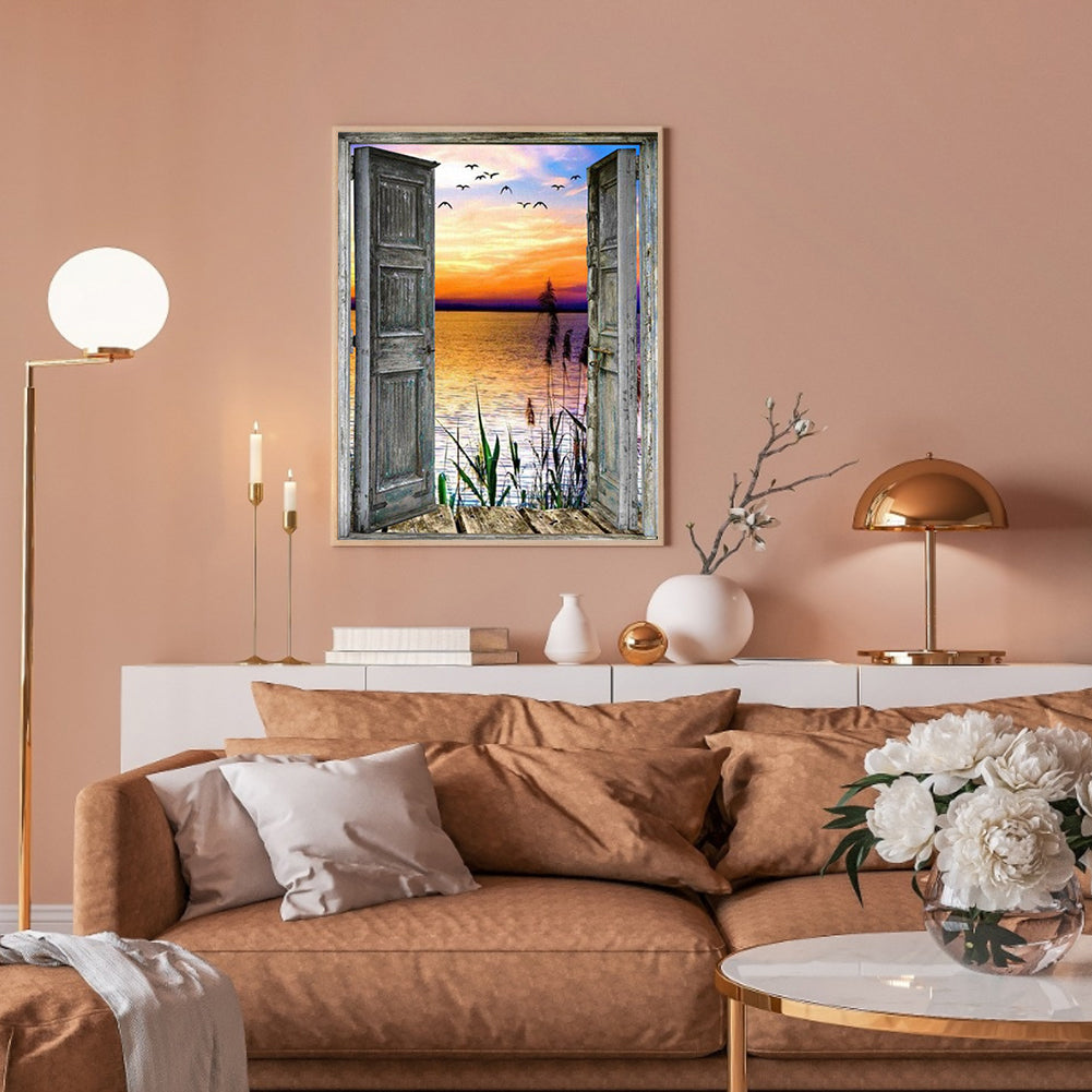 Wooden Door With Sea View 50*60CM(Canvas) Full Round Drill Diamond Painting