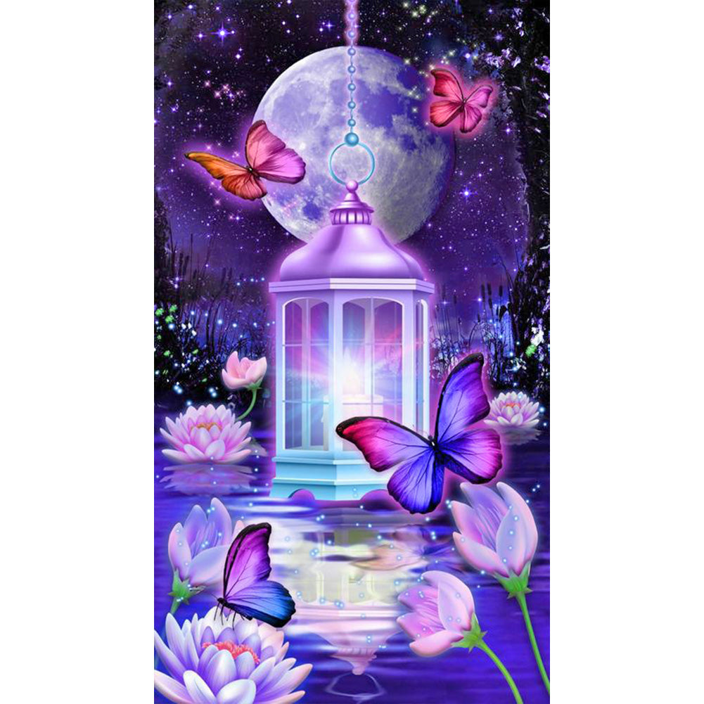 Moonlight Landscape Lake Butterfly Lantern 45*80CM(Canvas) Full Round Drill Diamond Painting