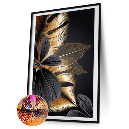 Black Gold Flowers Leaves - Full Round Drill Diamond Painting 40*60CM