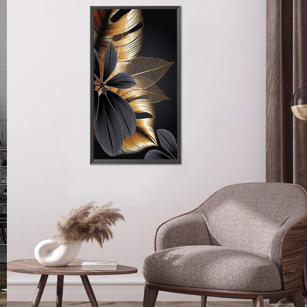 Black Gold Flowers Leaves - Full Round Drill Diamond Painting 40*60CM