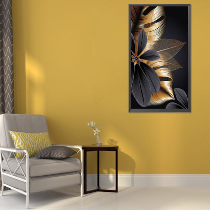 Black Gold Flowers Leaves - Full Round Drill Diamond Painting 40*60CM