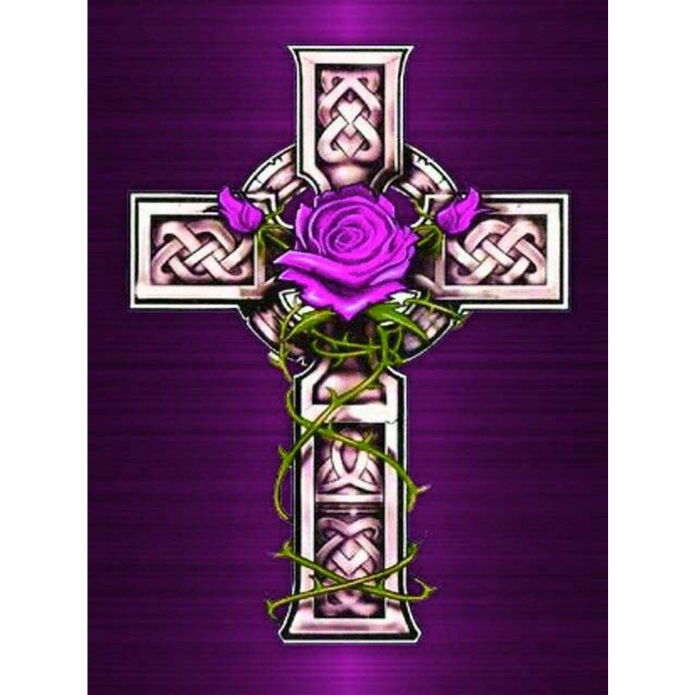 Cross Purple Flowers - Full Round Drill Diamond Painting 30*40CM