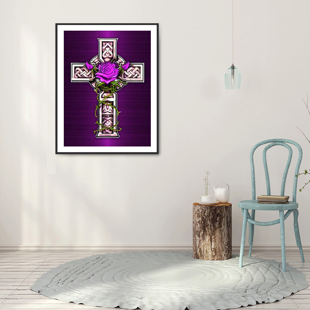 Cross Purple Flowers - Full Round Drill Diamond Painting 30*40CM