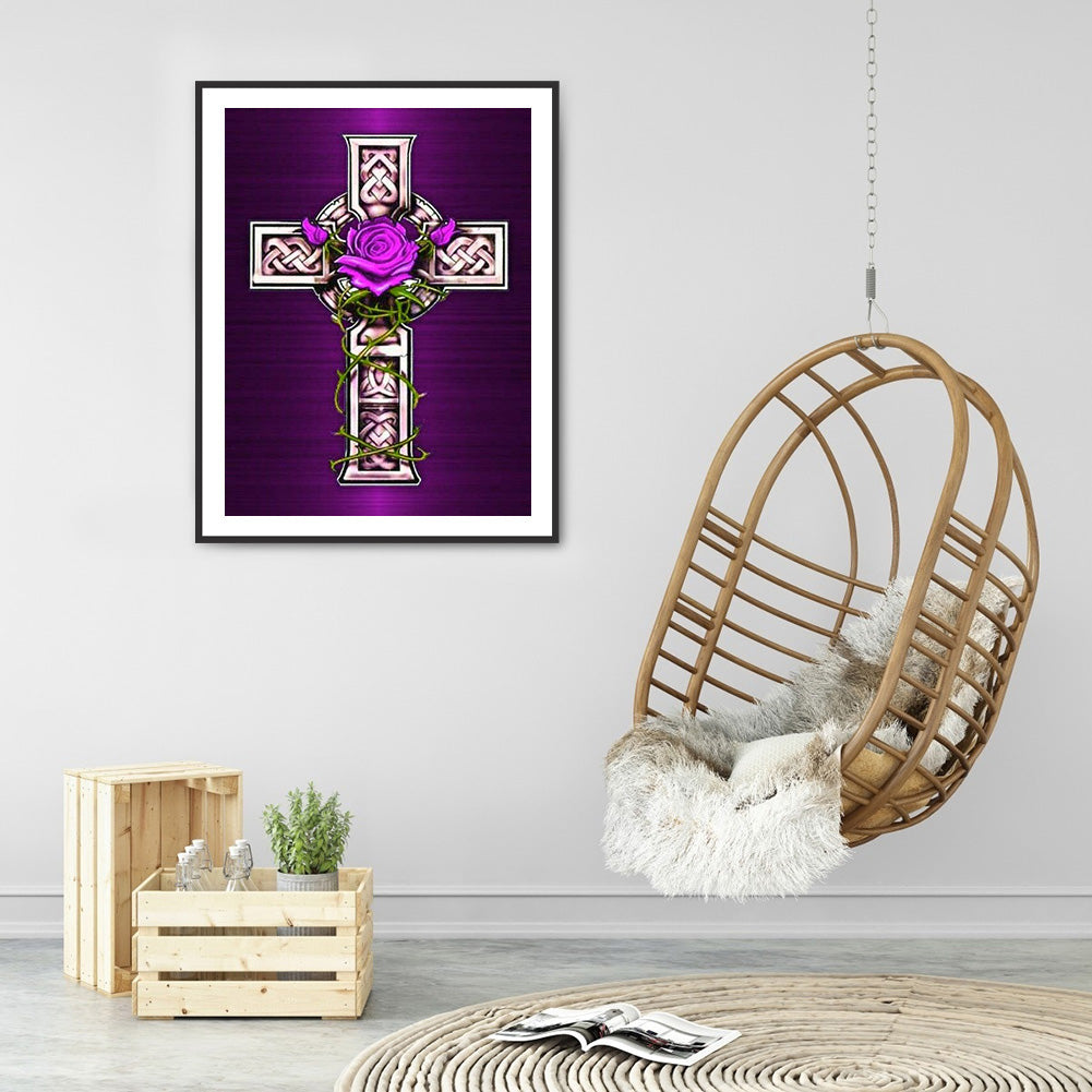 Cross Purple Flowers - Full Round Drill Diamond Painting 30*40CM