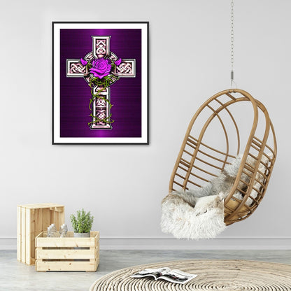 Cross Purple Flowers - Full Round Drill Diamond Painting 30*40CM