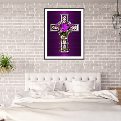 Cross Purple Flowers - Full Round Drill Diamond Painting 30*40CM