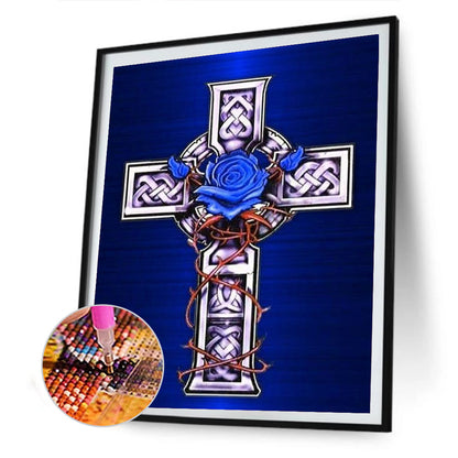 Cross Blue Flowers - Full Round Drill Diamond Painting 30*40CM