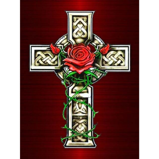 Cross Red Flowers - Full Round Drill Diamond Painting 30*40CM