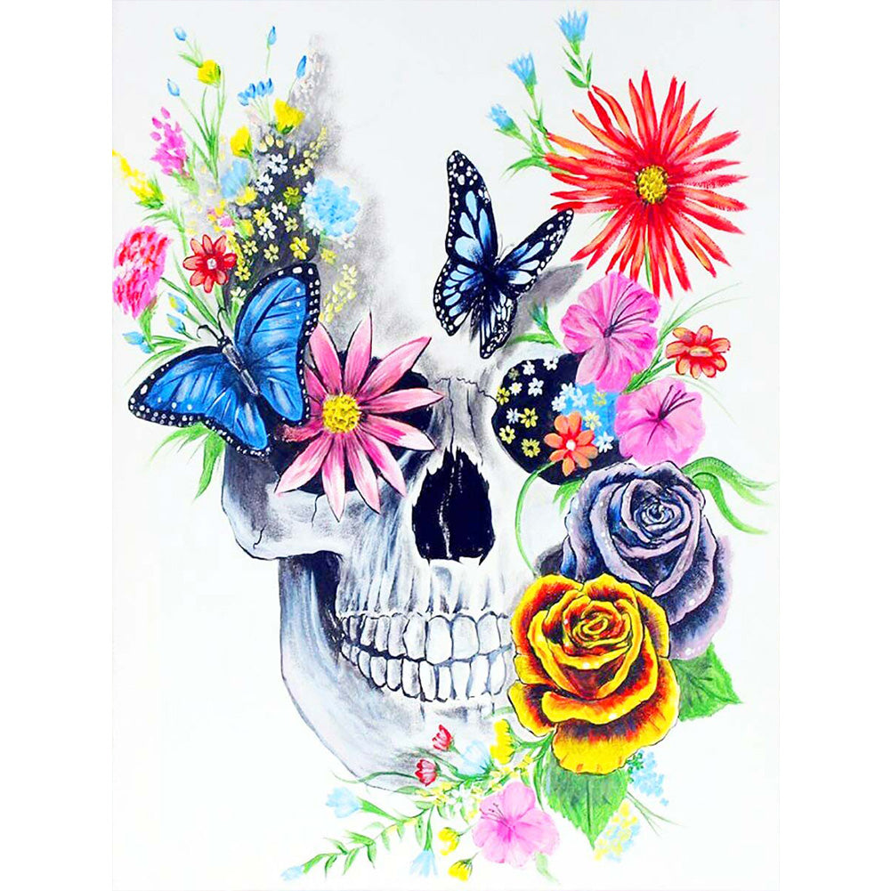 Butterfly Flower Skull - Full Round Drill Diamond Painting 30*40CM