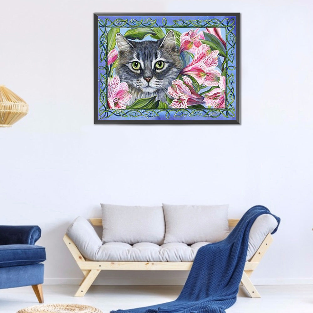 Flower Cat - Full Round Drill Diamond Painting 40*30CM