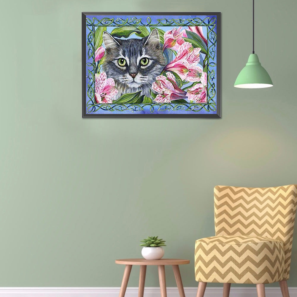 Flower Cat - Full Round Drill Diamond Painting 40*30CM