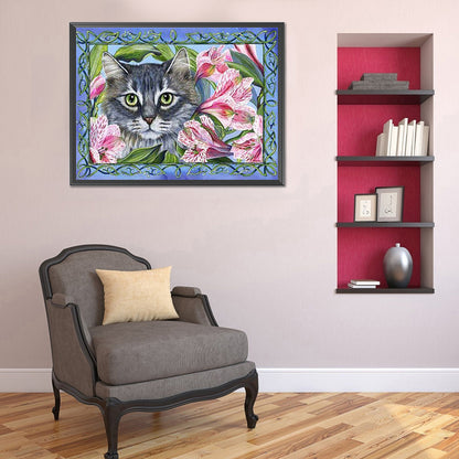 Flower Cat - Full Round Drill Diamond Painting 40*30CM