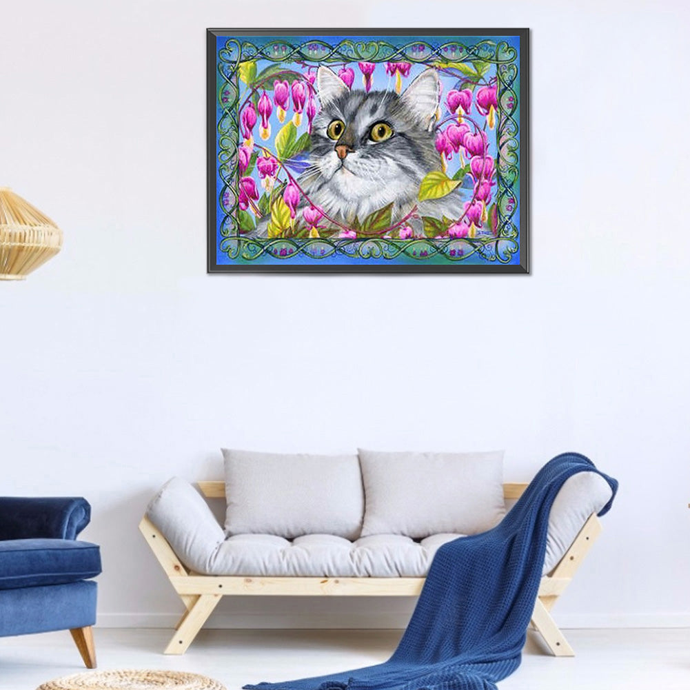 Flower Cat - Full Round Drill Diamond Painting 40*30CM