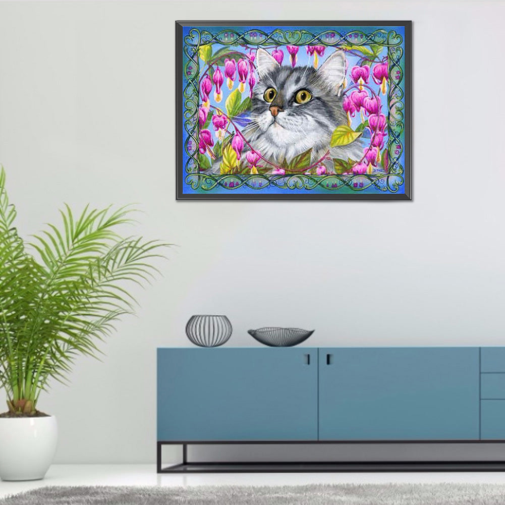 Flower Cat - Full Round Drill Diamond Painting 40*30CM