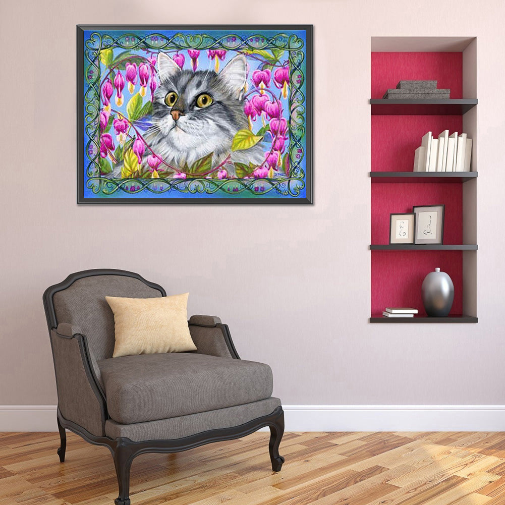 Flower Cat - Full Round Drill Diamond Painting 40*30CM